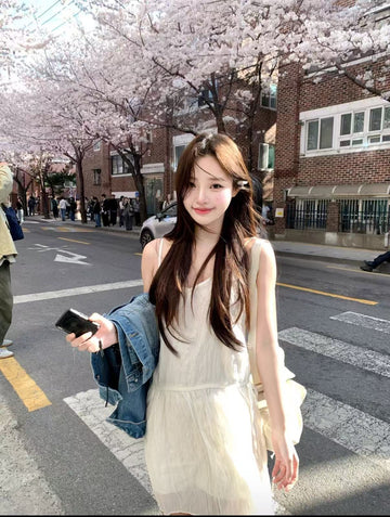 Cute White Cami Mini Dress for Women | Soft Girl Korean Style Summer Dress