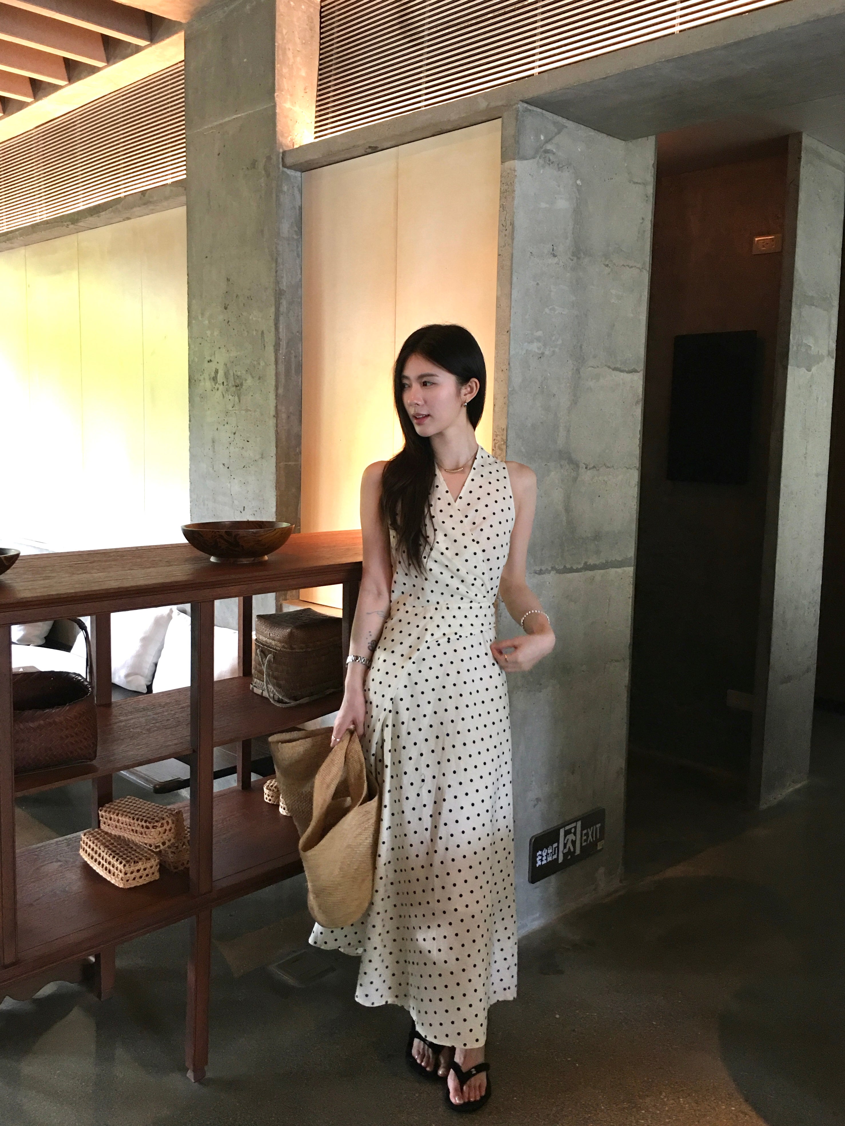 Polka Dot Midi Dress for Women – Elegant Sleeveless Wrap Style Dress