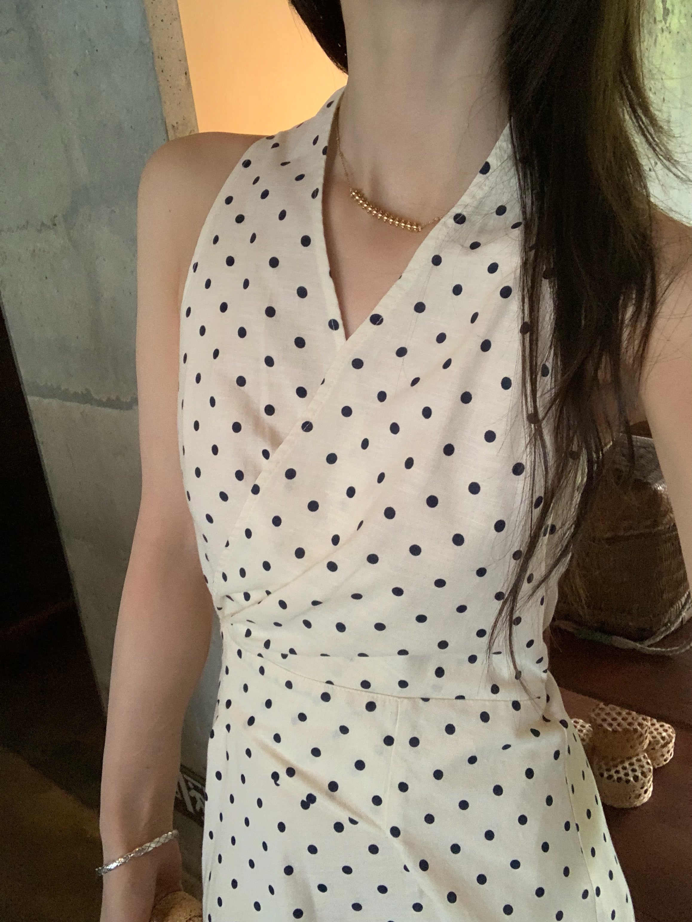 Polka Dot Midi Dress for Women – Elegant Sleeveless Wrap Style Dress