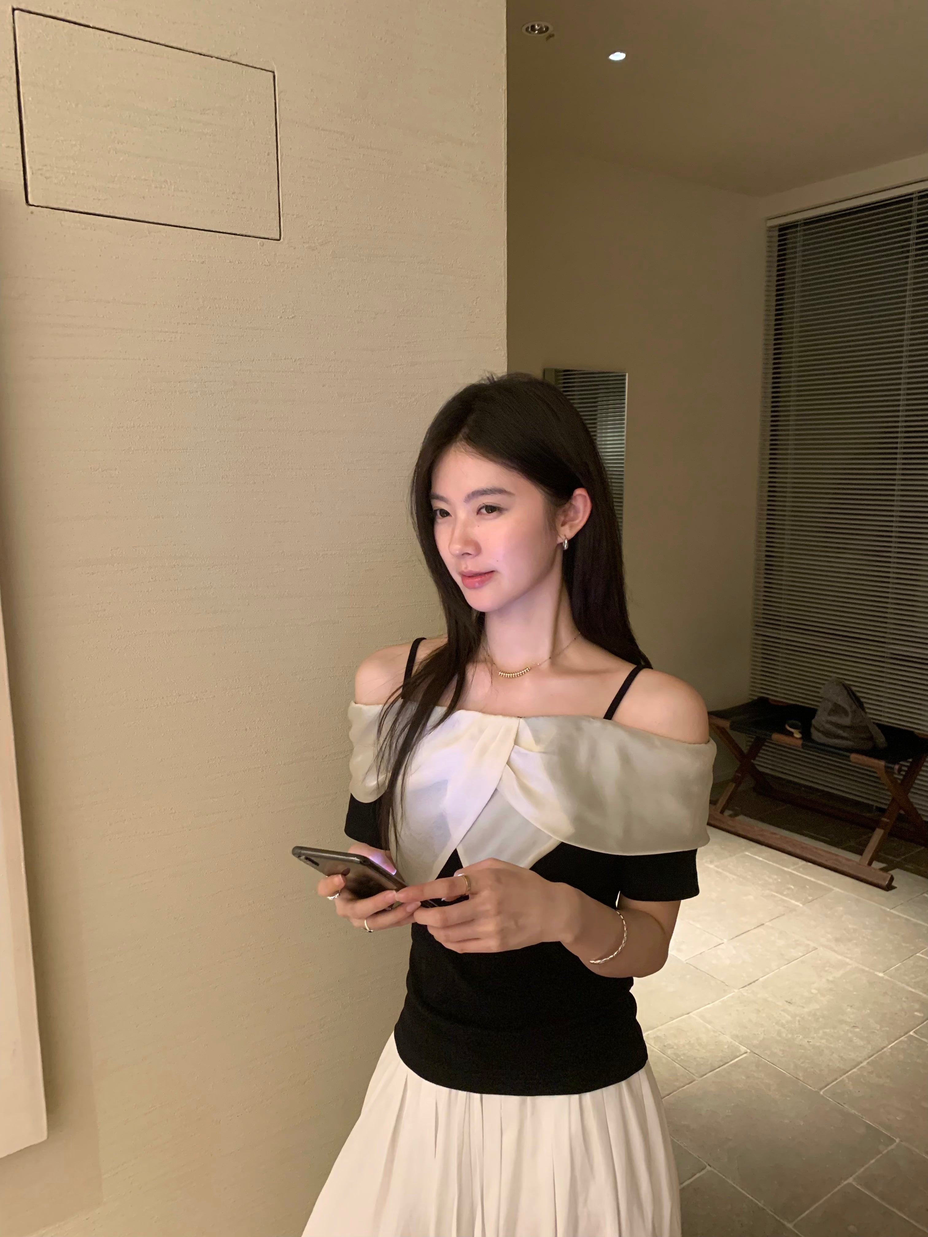 Black Off Shoulder Top with White Ruffle | Elegant Korean Style Contrast Blouse