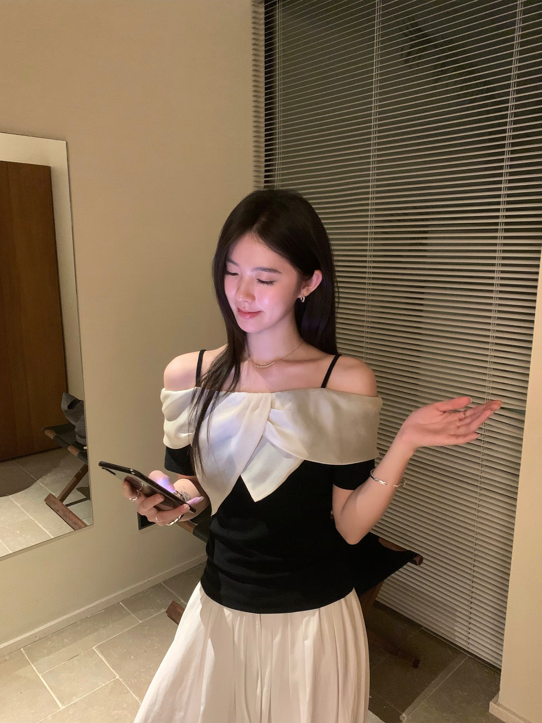 Black Off Shoulder Top with White Ruffle | Elegant Korean Style Contrast Blouse