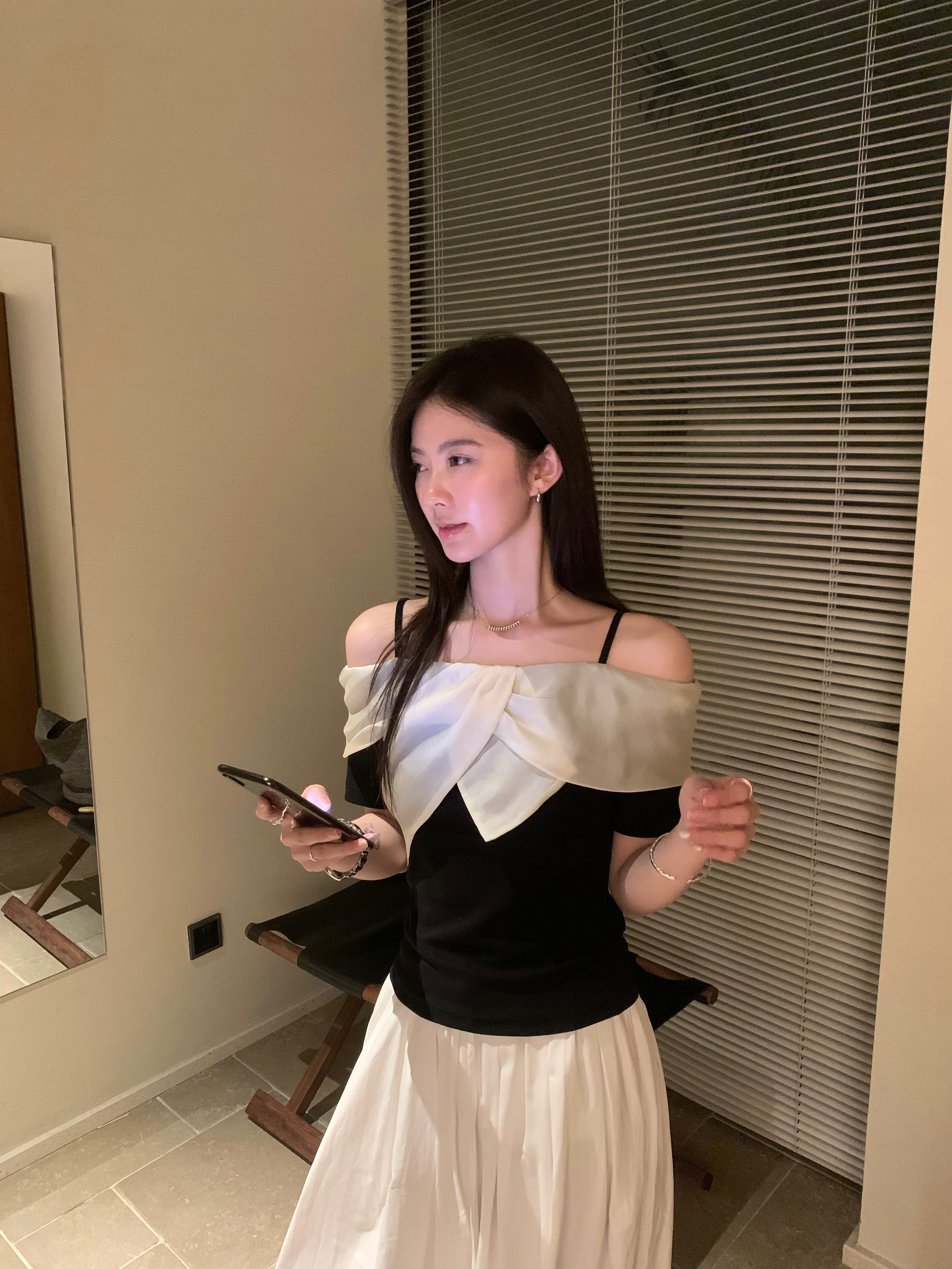Black Off Shoulder Top with White Ruffle | Elegant Korean Style Contrast Blouse