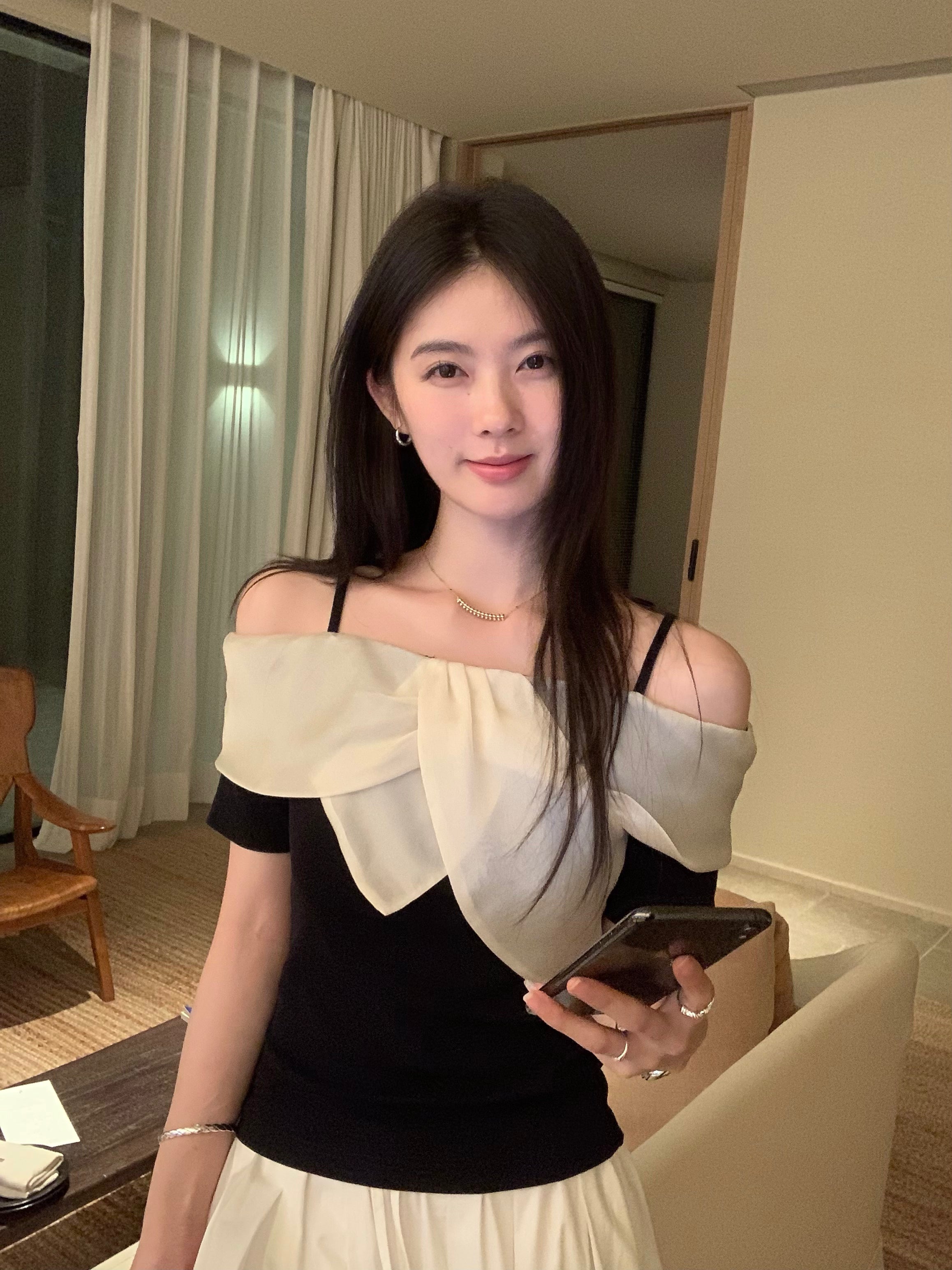 Black Off Shoulder Top with White Ruffle | Elegant Korean Style Contrast Blouse