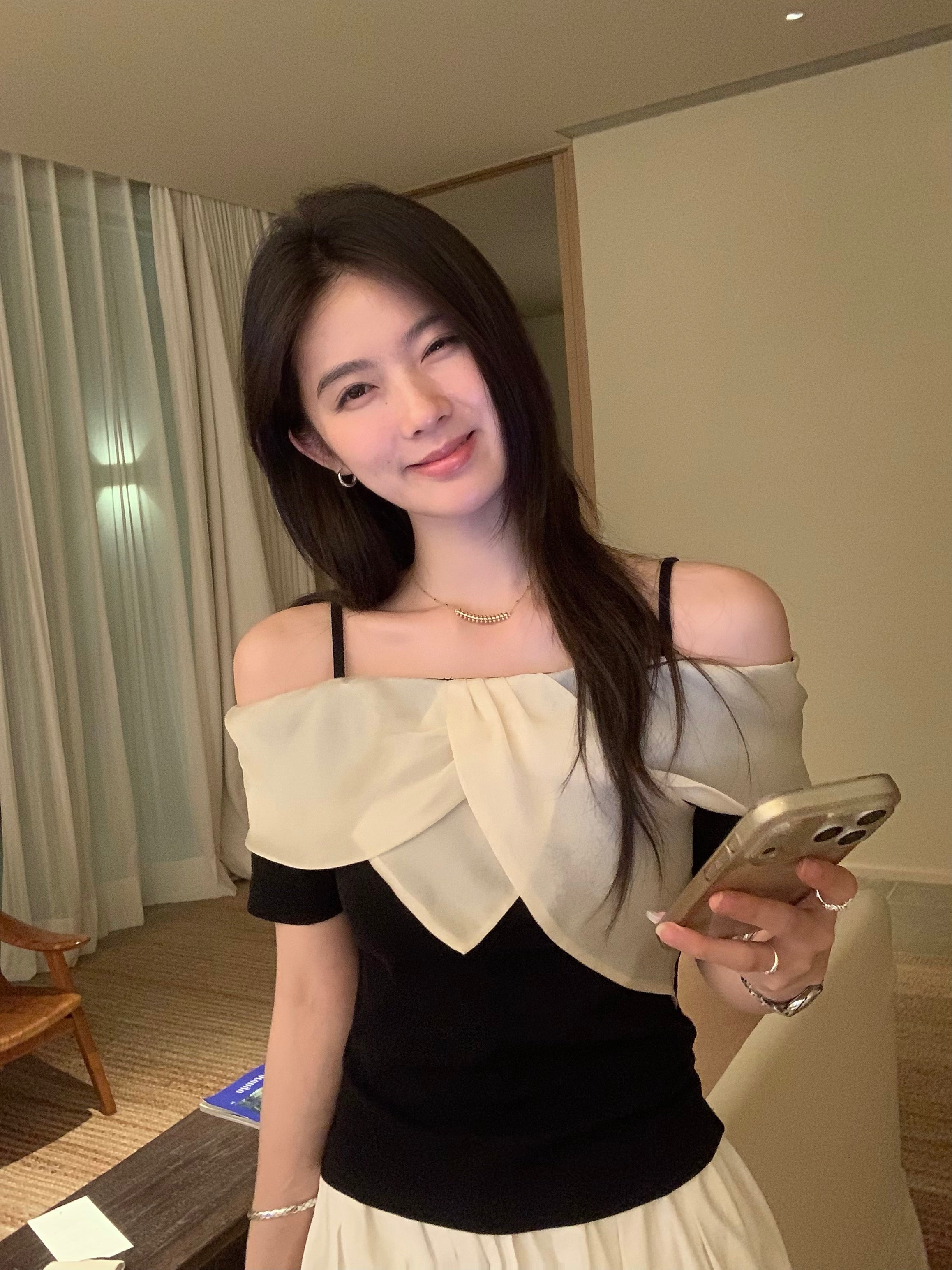 Black Off Shoulder Top with White Ruffle | Elegant Korean Style Contrast Blouse