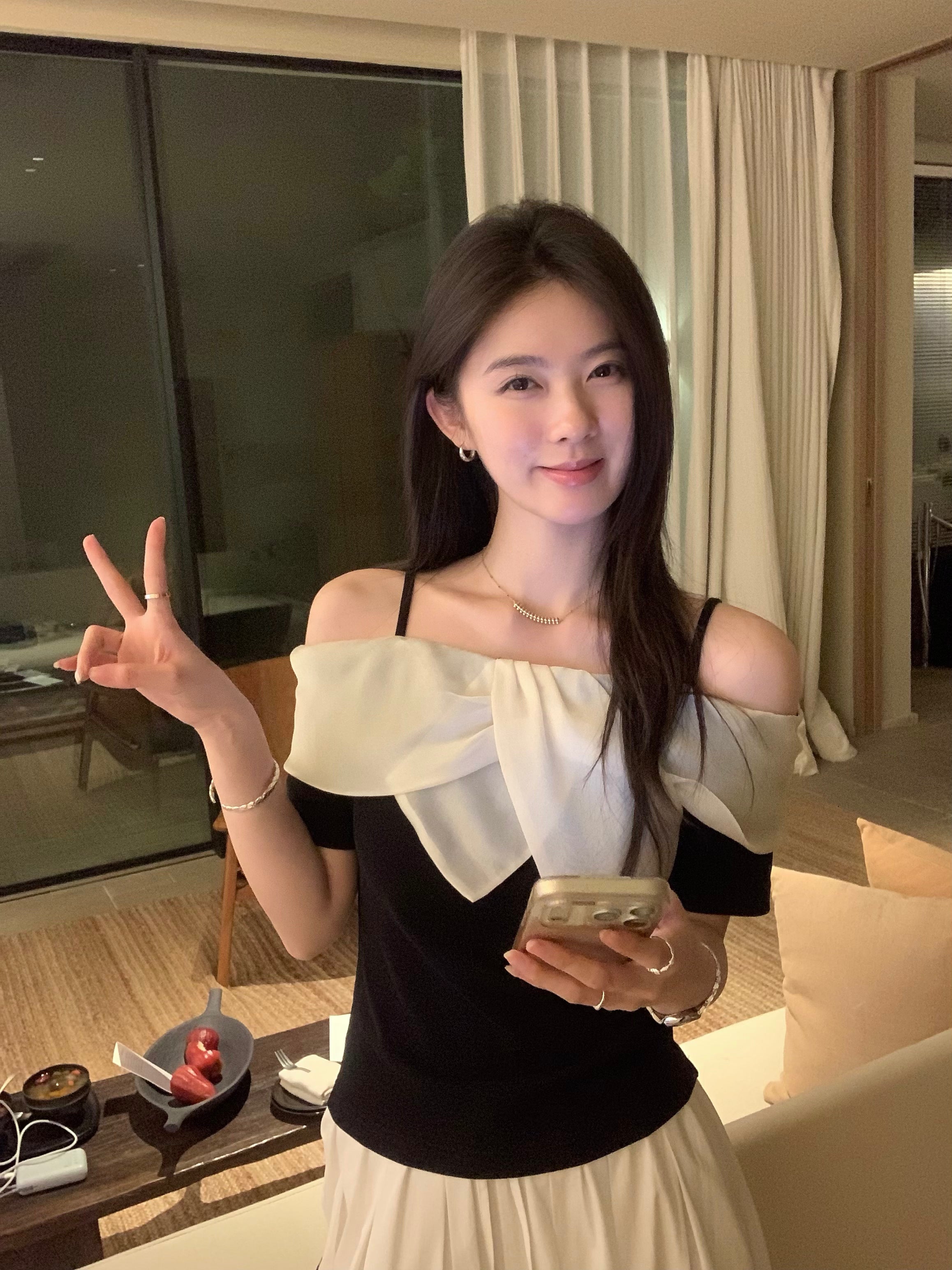 Black Off Shoulder Top with White Ruffle | Elegant Korean Style Contrast Blouse