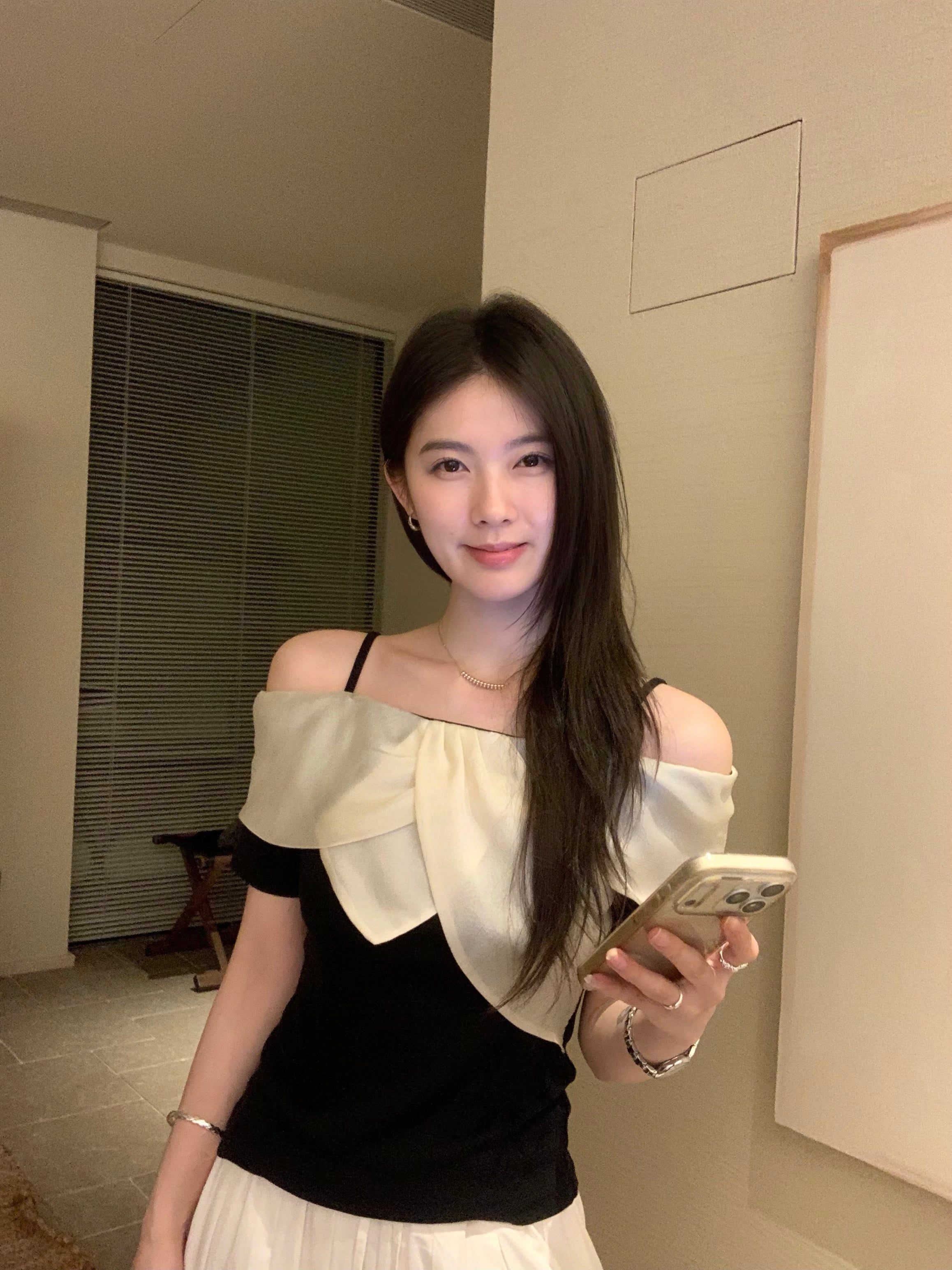 Black Off Shoulder Top with White Ruffle | Elegant Korean Style Contrast Blouse