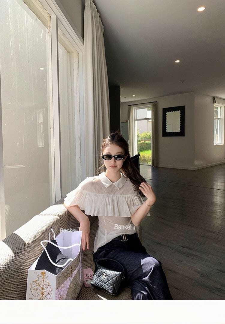 Cute Ruffle Blouse for Women | Sweet Korean Style Peter Pan Collar Top