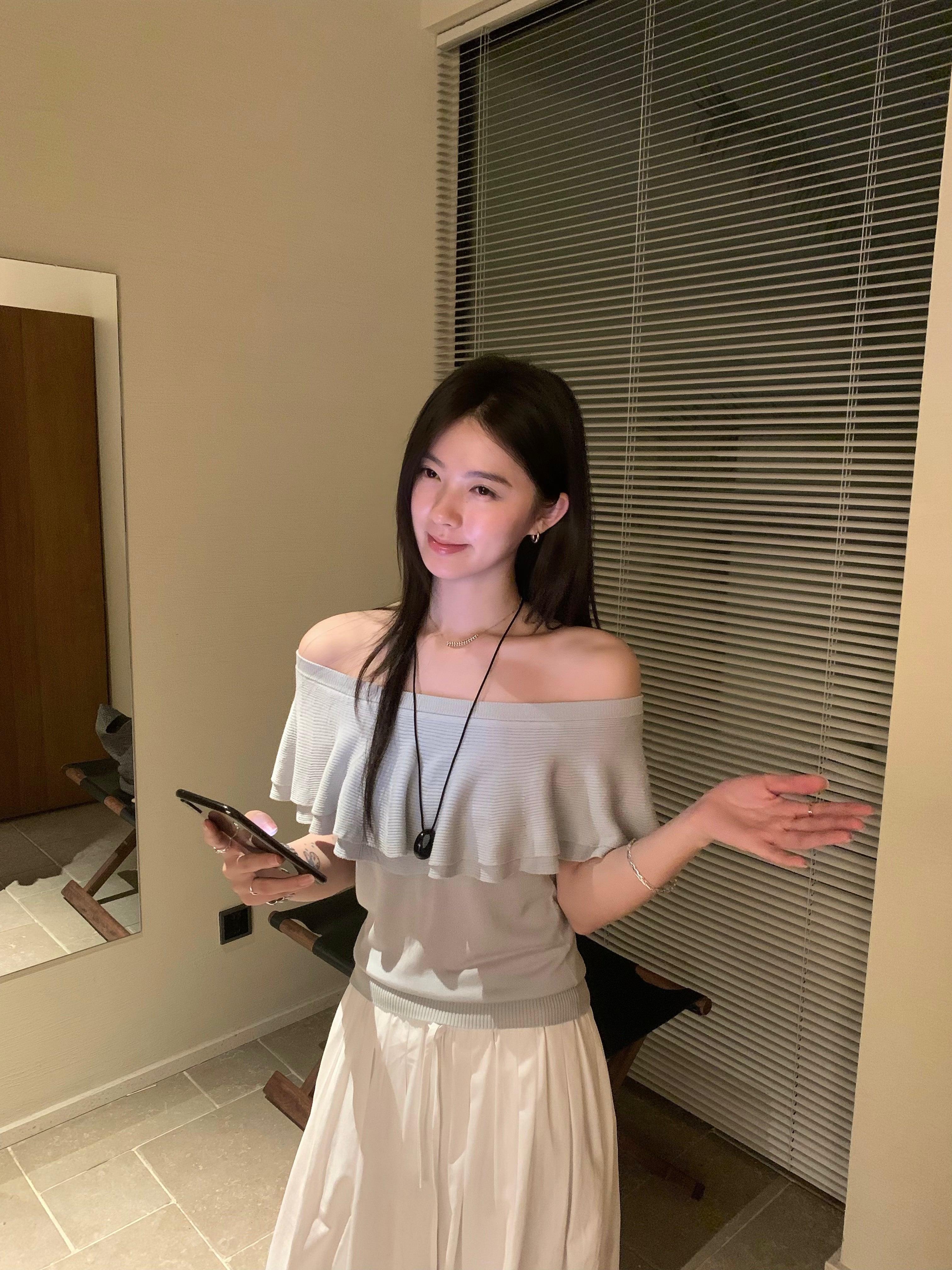 Off Shoulder Ruffle Knit Top for Women – Elegant Slim Fit Soft Blouse