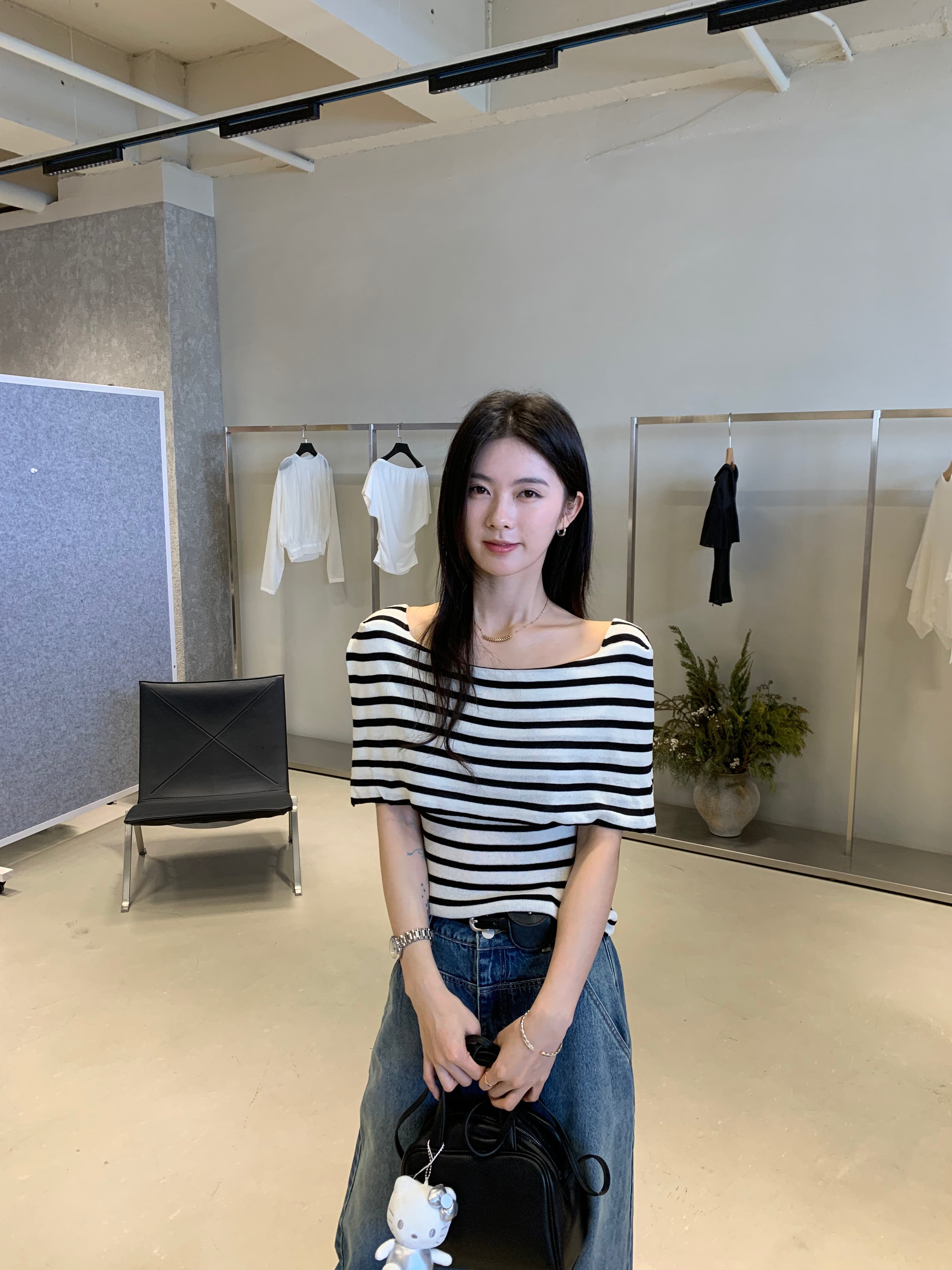 Striped Off Shoulder Top for Women | Slim Fit Korean Style Knit Shirt