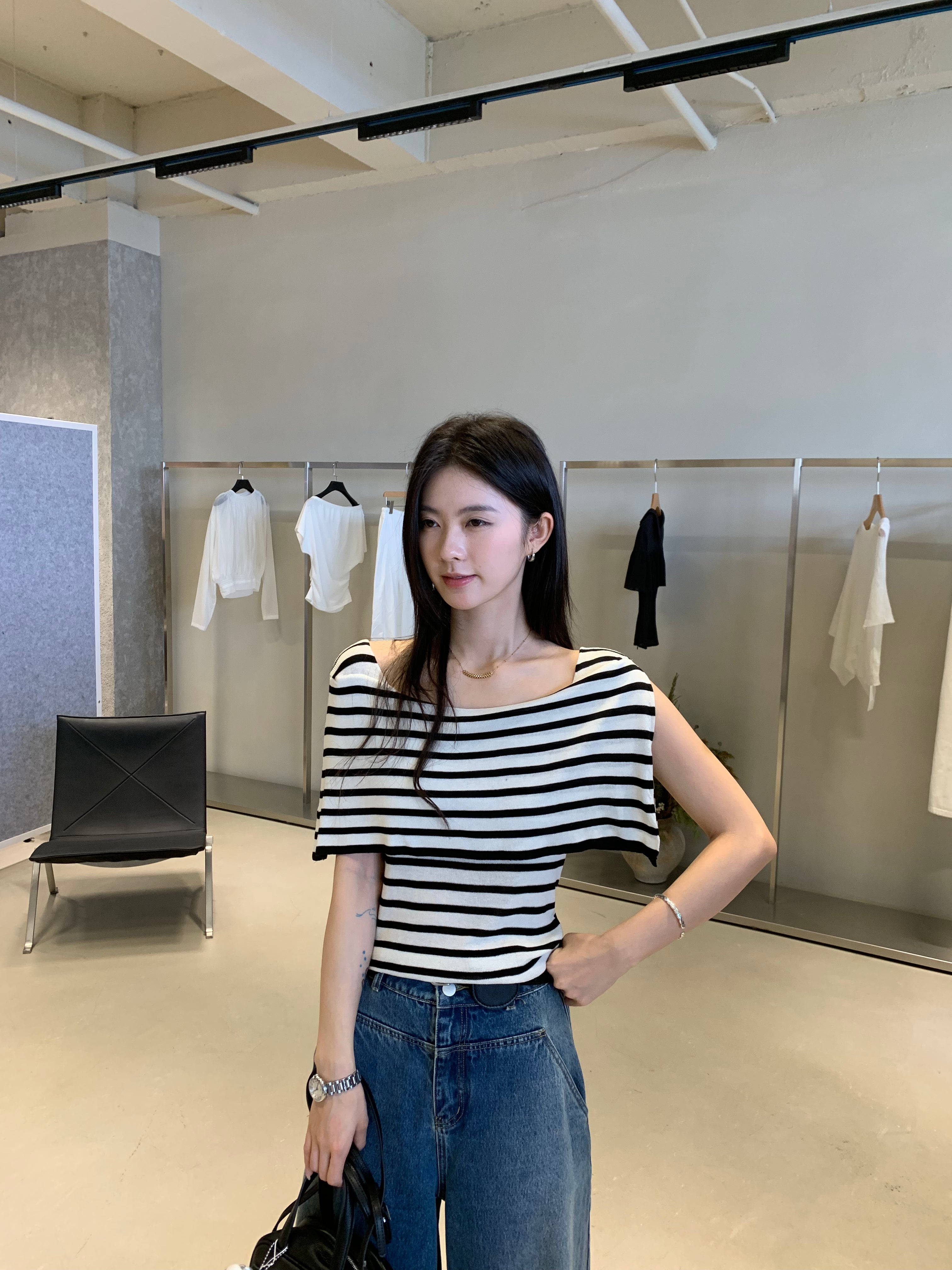 Striped Off Shoulder Top for Women | Slim Fit Korean Style Knit Shirt