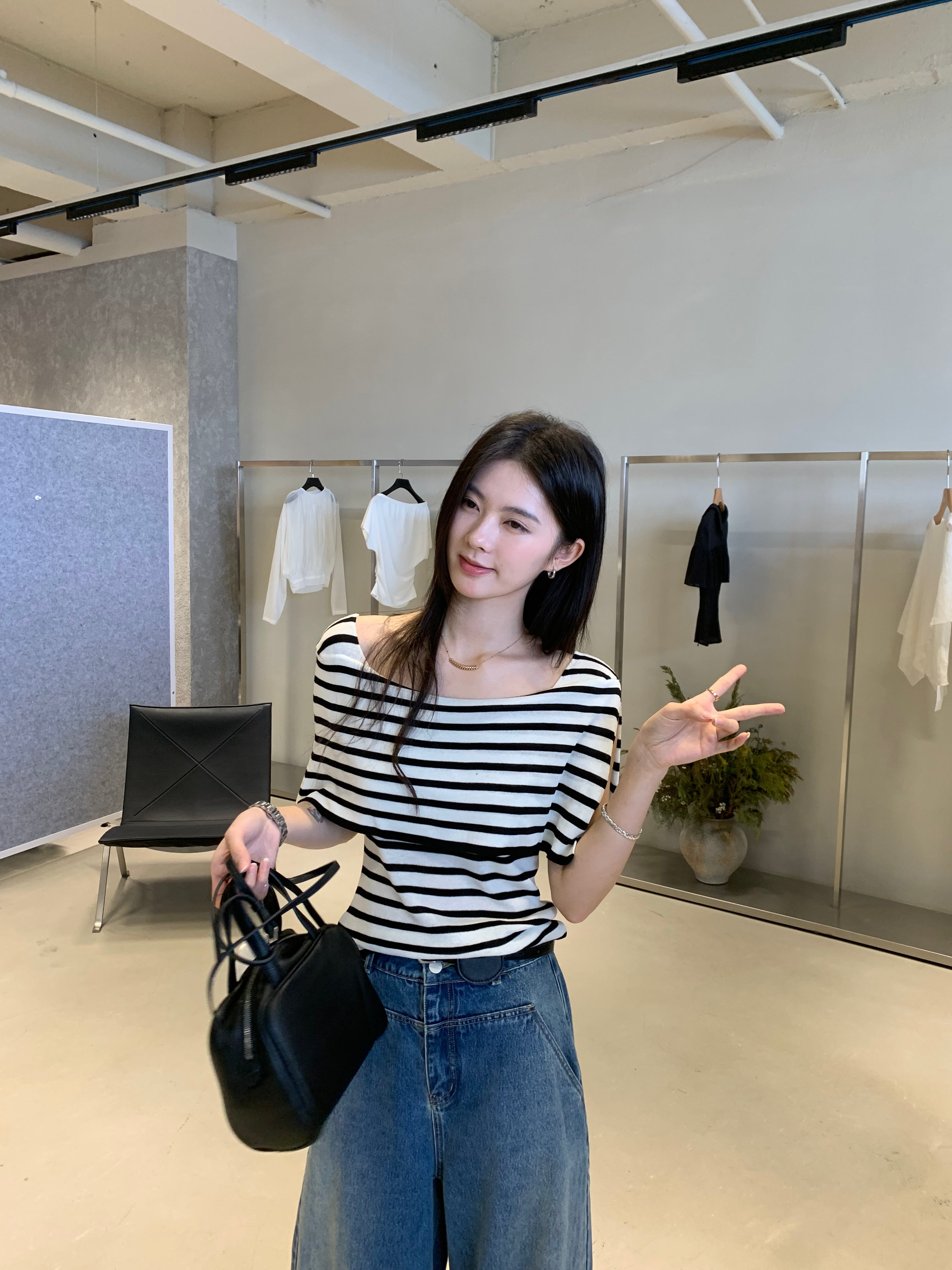 Striped Off Shoulder Top for Women | Slim Fit Korean Style Knit Shirt