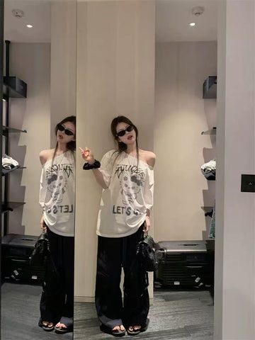 Oversized Graphic Off Shoulder T-Shirt – Street Style Loose Fit Tee